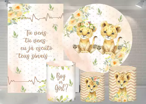 Kit Painel + Trio de Cilindros + Painel Lateral Sublimados Chá Revelação Leãozinho SKIT072