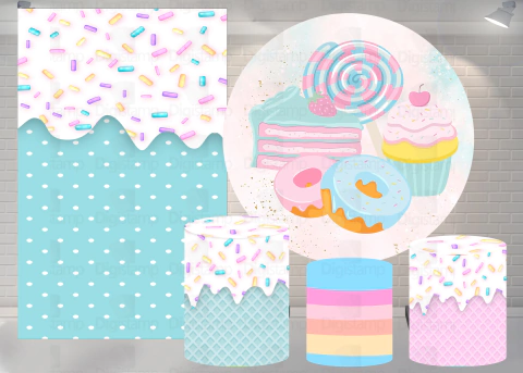 Kit Painel + Trio de Cilindros + Painel Lateral Sublimados Confeitaria SKIT151