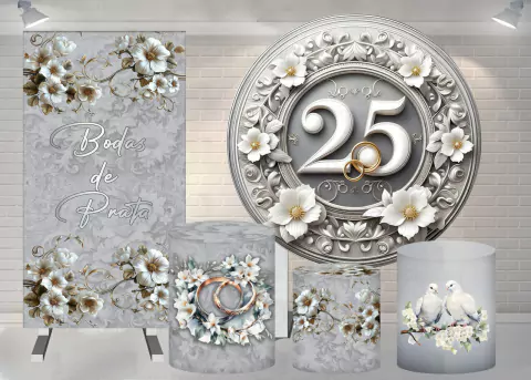 Kit Painel + Trio de Cilindros + Painel Lateral Sublimados Bodas de Prata SKIT174