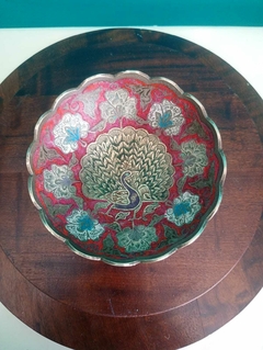 Antiga tigela / Bowl em bronze policromado Indiano Com pavão ao centro - comprar online