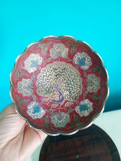 Imagem do Antiga tigela / Bowl em bronze policromado Indiano Com pavão ao centro