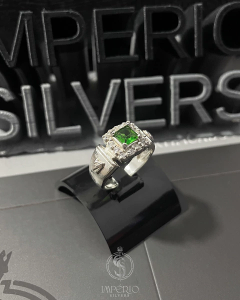 Anel de prata teor 950 modelo LUXO III com pedra zircônia VERDE - todas as numerações