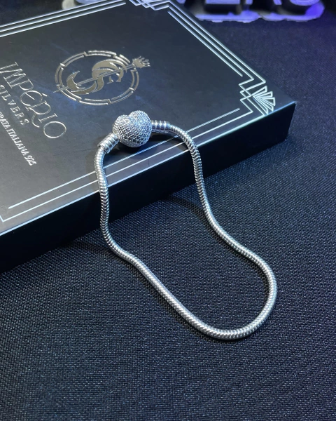 Pulseira pandora de prata italiana 925 modelo coração cravejado