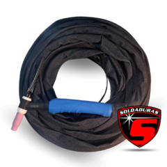 Torcha TIG WP26 con mango azul y cable enrollado de 8 metros, ideal para soldadura.