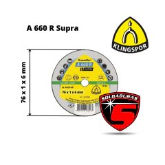 Disco de corte Klingspor A 660 R Supra, tamaño 76 x 1 x 6 mm, con especificaciones técnicas.