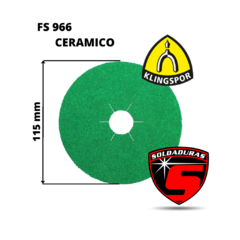 Disco de fibra cerámico FS966 de 115 mm de diámetro, color verde, ideal para trabajos en acero inoxidable.