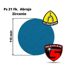 El disco con abrojo PS 21 FK de zirconio, grano 150, mide 115 mm de diámetro, es ideal para trabajos de lijado en metales y acero inoxidable, brindando un acabado preciso y uniforme.