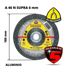El disco A 46 N tiene un diámetro de 180 mm, un grosor de 6 mm y un orificio de 22.23 mm. Es adecuado para desbaste de metales