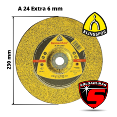 Disco abrasivo Klingspor A 24 Extra de 230 mm y 6 mm de grosor, ideal para desbaste de metal.