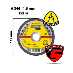 El disco A 346 Extr tiene un diámetro de 115 mm, un grosor de 1,6 mm y un orificio central de 22,23 mm. 