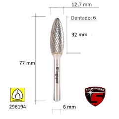 Fresa tipo llama de 12.7 mm de diámetro y 32 mm de longitud, dentado 6, marca Klingspor.