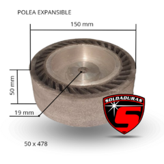 Imagen de una polea expansible de 50 x 478 mm, con un diámetro de 150 mm y un grosor de 50 mm