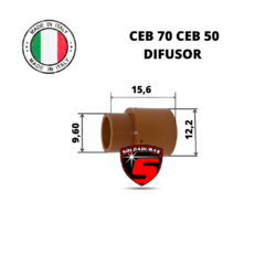 Difusor CEB 70 CEB 50 con dimensiones de 15,6 mm de ancho, 12,2 mm de alto y 9,60 mm de diámetro.