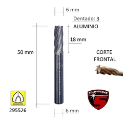 Fresa cilíndrica de 6 mm, dentado de 3, diseñada para cortar aluminio, con medidas de 50 mm de largo y 18 mm de corte frontal.