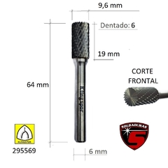 Fresa cilíndrica Klingspor HF100B de 9,6 mm de diámetro, con 6 cortes y longitud de 64 mm, ideal para corte frontal.