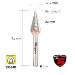 Fresa cónica con cabeza aguda de 12.7 mm de diámetro y 22 mm de longitud, dentado 6, fabricada por Klingspor.