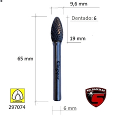 Fresa tipo llama Klingspor de 9.6 mm de diámetro y 65 mm de largo, con dentado de 6, ideal para trabajos de precisión.