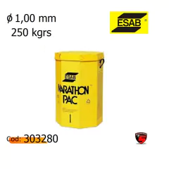 Envase amarillo de 250 kgs de paletas Marathon Pac de ESAB, con diámetro de 1,00 mm.