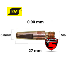 Tubo de contacto ESAB de 0.90 mm M6, dimensiones de 27 mm y 6.8 mm de ancho.