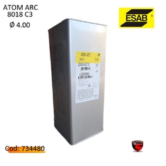 Envase del electrodo ATOM ARC 8018 C3 de 4.0 mm, con etiqueta amarilla y detalles del producto.