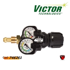Regulador de gas Argón/Víctor Technologies con manómetros y salida de gas.