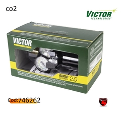 Regulador de presión CO2 Victor Edge 2.0 en su caja, modelo ESS3, con manómetros visibles.
