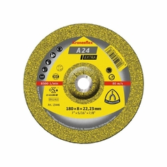 Disco de desbaste Klingspor A 24 extra de 180 x 6.00 mm, con fondo amarillo y detalles técnicos visibles.
