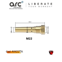 Porta pico M22 de bronce de 51.5 mm, con especificaciones de conexión M8 y M10, modelo AM22TA.