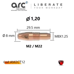Tubo de contacto M6x28mm de la marca ARC, con medidas de 29.5 mm de largo y un diámetro de 1.20 mm.