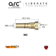 Porta pico M2 de bronce, dimensiones de 44,5 mm, con especificaciones de rosca M8 x 1.25 y M10 x 1.
