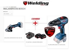 Imagen de un combo que incluye una amoladora a batería, un taladro, baterías y un cargador de la marca Bosch.