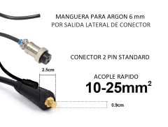 La torcha TIG WP17 de 4 metros con robinete incluye manguera para argón de 6 mm con salida lateral de conector, conector estándar de 2 pines y acople rápido, ideal para soldadura de precisión.