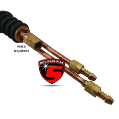 Conector de cuello TIG WP18 con rosca izquierda y dos salidas de gas.