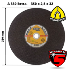 Disco de corte Klingspor A 330 Extra de 350 mm de diámetro, 2.5 mm de grosor y 32 mm de orificio, ideal para trabajos de precisión.