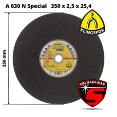 Disco de corte Klingspor A 630 N de 350 mm, 2.5 mm de espesor y 25.4 mm de diámetro del agujero.