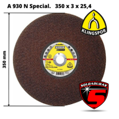 Disco de corte Klingspor A930 N Special, 350 mm de diámetro y 3 mm de grosor con un agujero de 25,4 mm.