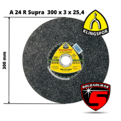 Disco de corte Klingspor A 24 R Supra de 300 mm de diámetro y 3 mm de espesor, ideal para trabajos en metal.