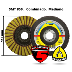 Disco flap combinado SMT 850 Plus medio, de 115 mm de diámetro, ideal para pulido en acero inoxidable. 