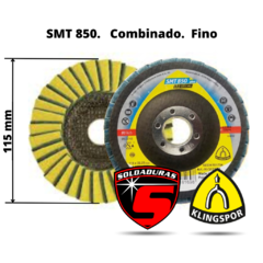 Disco flap combinado SMT 850 Plus de 115 mm de diámetro, con un diseño muy fino, ideal para pulido en inoxidables y aplicaciones industriales.
