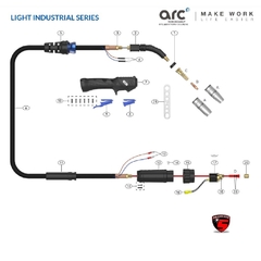 Diagrama del tubo de contacto M6X28MM ARC 1.0MM, mostrando las partes y conexiones del equipo de soldadura.