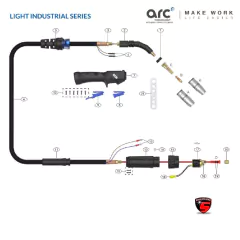 Diagrama del tubo de contacto M6X28MM ARC 1.2, mostrando componentes y conexiones del sistema de soldadura.