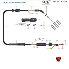 Diagrama de la tobera cónica M22 Arc Cod AM22CN, mostrando sus componentes y conexiones en una serie industrial ligera.