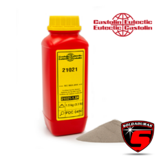 Envase rojo del producto PROXON 21021 de 1.5 kg junto a un montículo de polvo metálico.