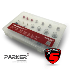 Kit de accesorios FRK de la marca Parker, presentado en una caja transparente con diferentes componentes para torchas TIG.
