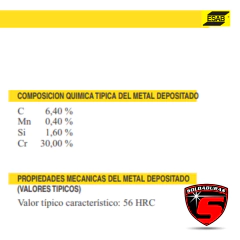 El electrodo tubular E 7723 de 6,00 mm se presenta en una caja de 5 kg, con su composición química