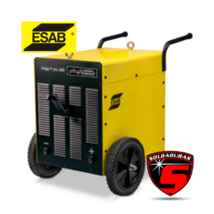 Rectificador OrigoArc 455 sin cables de ESAB, máquina de soldadura portátil con ruedas, color amarillo y negro.