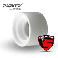 Imagen de un aislante de torcha de la marca Parker, color blanco, utilizado en procesos de soldadura TIG.