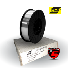 El alambre OK Autrod 316L de Ø 0,8 mm se presenta en una caja de 5 kg, perfecto para soldaduras en ambientes corrosivos y aplicaciones de alta calidad.