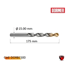 Broca cilíndrica Dormer de 15 mm de diámetro y 175 mm de longitud, con recubrimiento de titanio.
