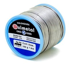 Bobina de estaño Eximetal de 60% con un diámetro de 1 mm y peso de 100 gramos.